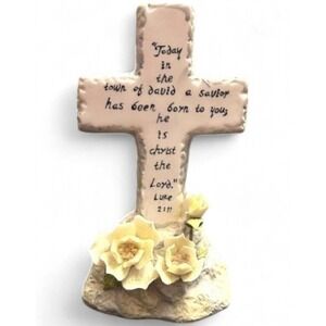 Ceramic Scripture Cross Luke 2:11 Christian Decor Yellow Flowers‎